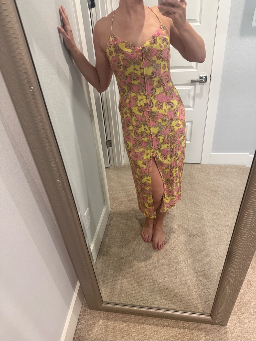 AFRM Yellow & Pink Paisley Spaghetti-Strap Midi Dress